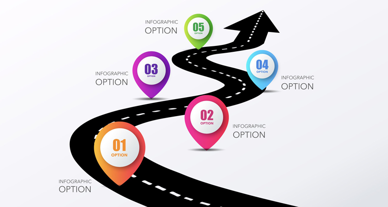 Curved Road With Colorful Pin Pointers